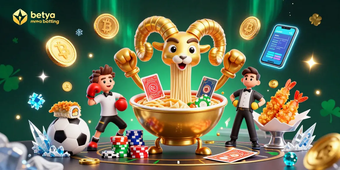 Experience betya mma betting with a vibrant scene featuring a giant golden ramen bowl, sports elements, and digital crypto coins.