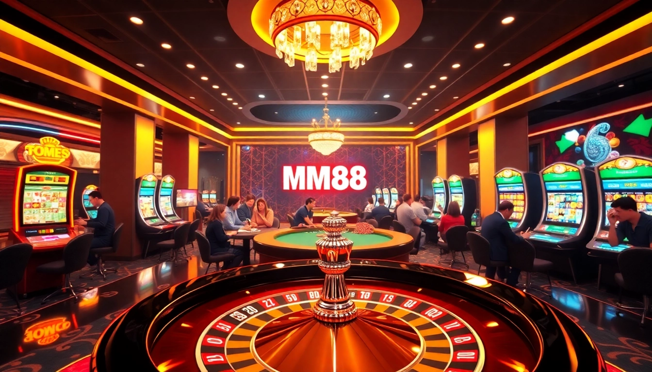 MM88 casino scene with vibrant atmosphere, exciting gameplay, and luxurious decor.