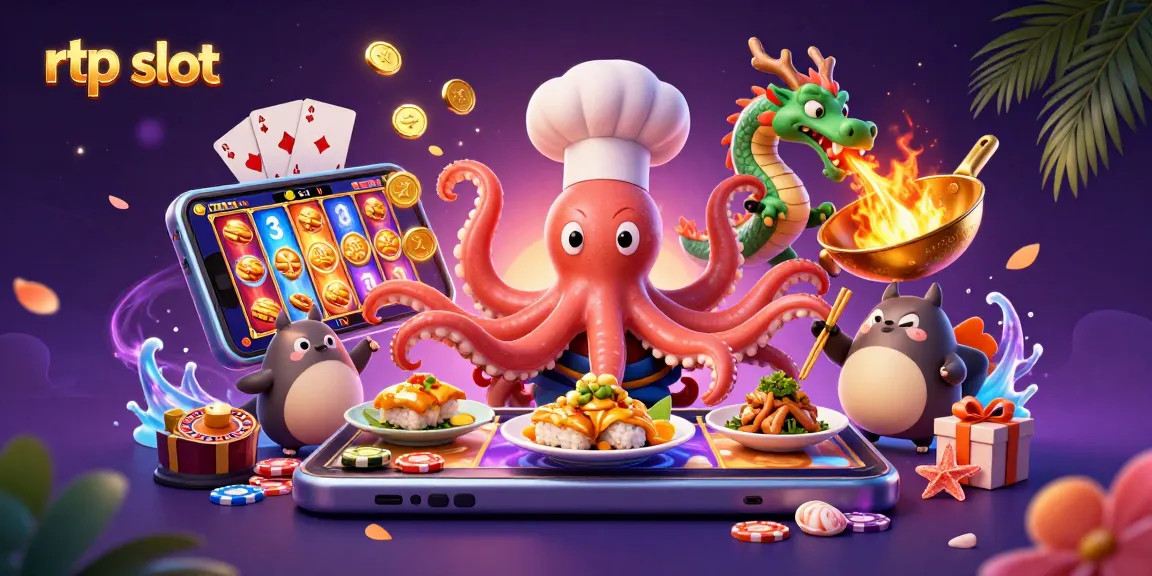 Engaging scene of a sushi chef octopus and dragon exploring rtp slot gaming elements in a vibrant casino setting.