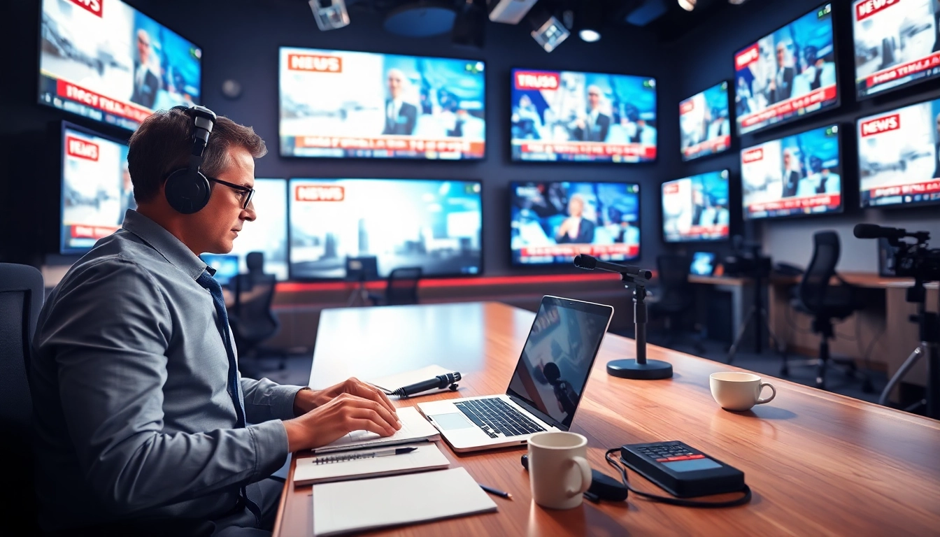Engaging news scene with a journalist reporting in a modern newsroom featuring digital screens.