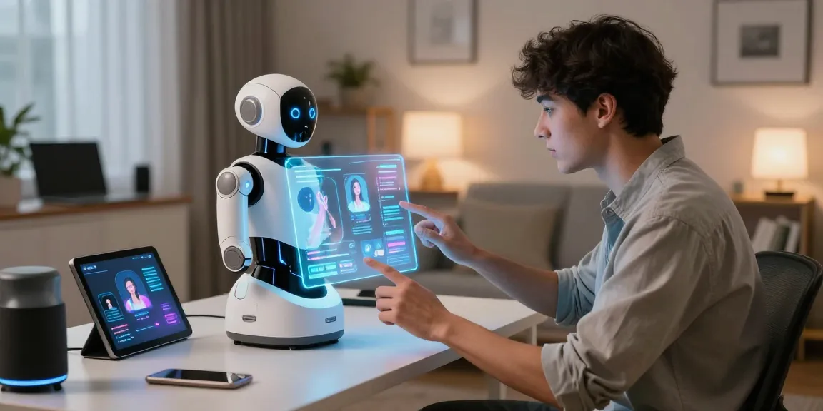 Engaging interaction with a sex bot in a modern home office, showcasing advanced AI features and emotional responses.