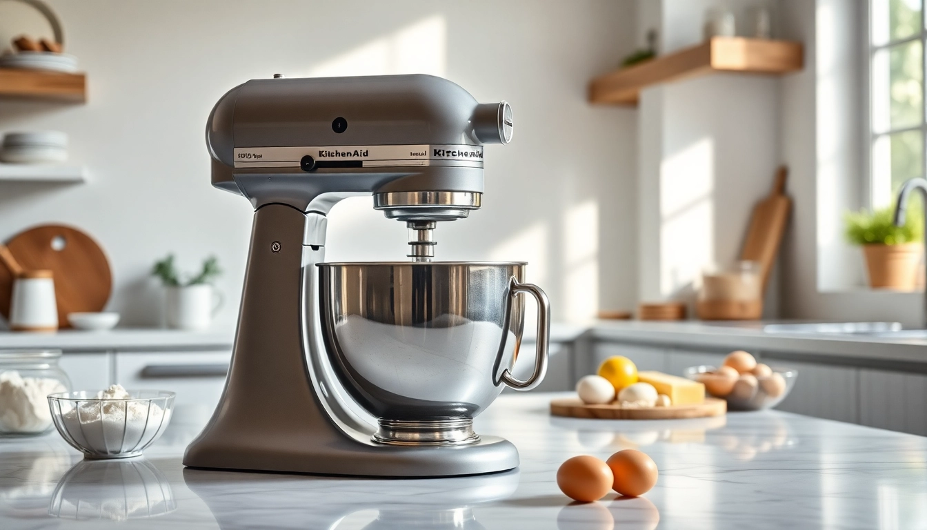 Baking with a KitchenAid mixer NZ in a vibrant kitchen filled with baking ingredients.