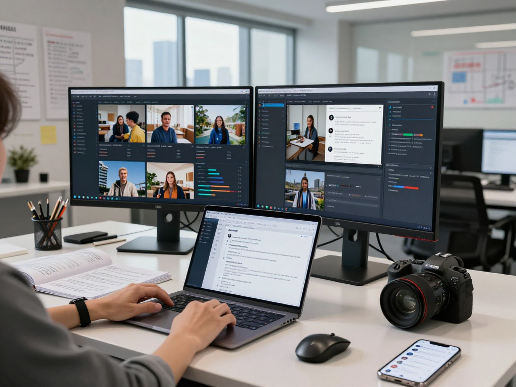 Data analyst using an advanced ai image detector in a modern workspace, analyzing real-time images and content moderation.