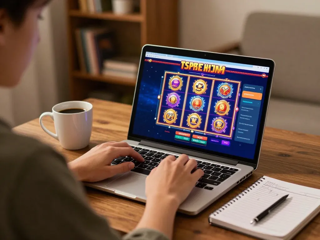Engaging gameplay of slot bonus new member on a laptop viewed from above, featuring strategy notes nearby.