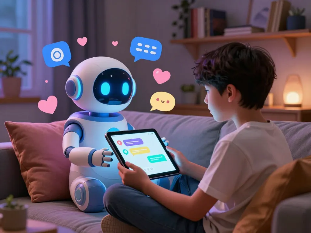 Engaging interaction with an AI slut chatbot in a cozy room, showcasing digital connection and playful atmosphere.