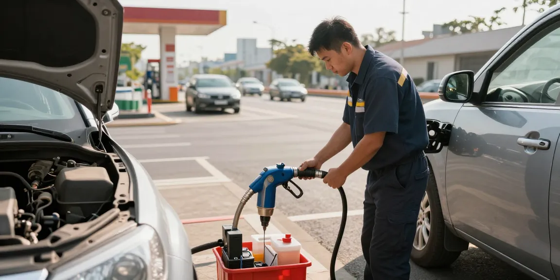 Diesel in petrol car recovery service by expert technician in branded uniform on a busy roadside.