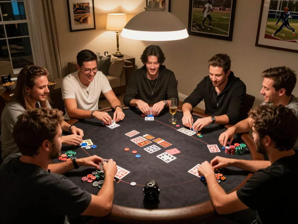 A lively home poker night where players engage in a challenging game while discussing kèo nhà cái strategies, enhancing the atmosphere of friendly competition.