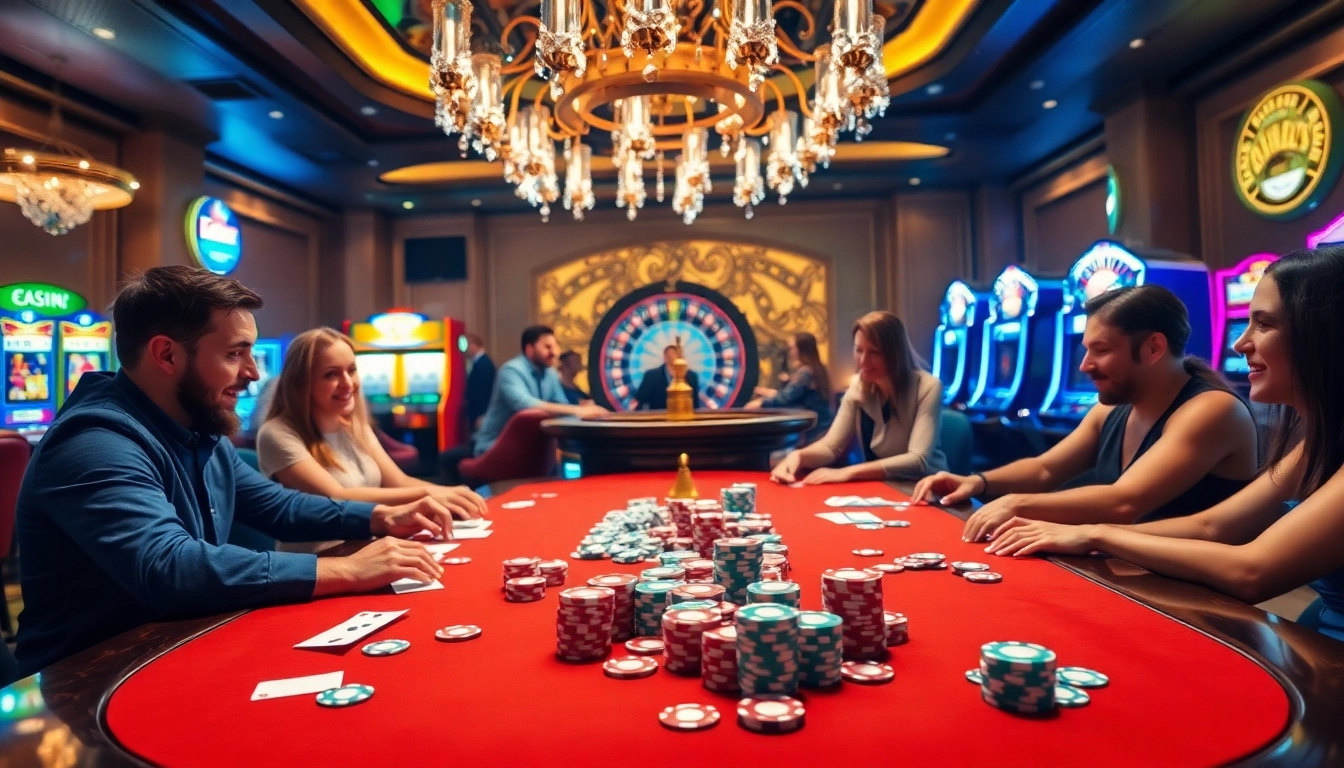 Players enjoying a thrilling poker game at new 66 casino, surrounded by vibrant poker chips and golden lights.