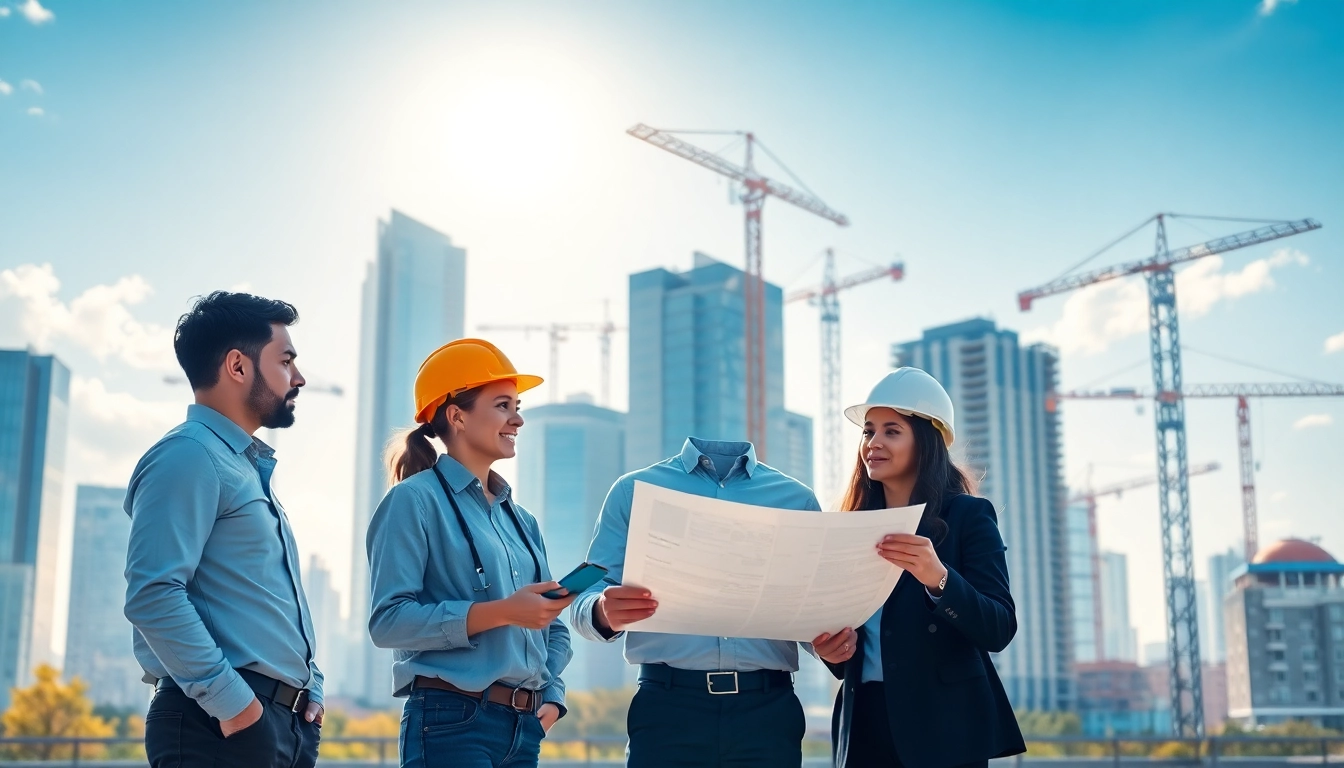 Collaboration at an architecture and engineering firm, showcasing designers and construction in urban atmosphere.