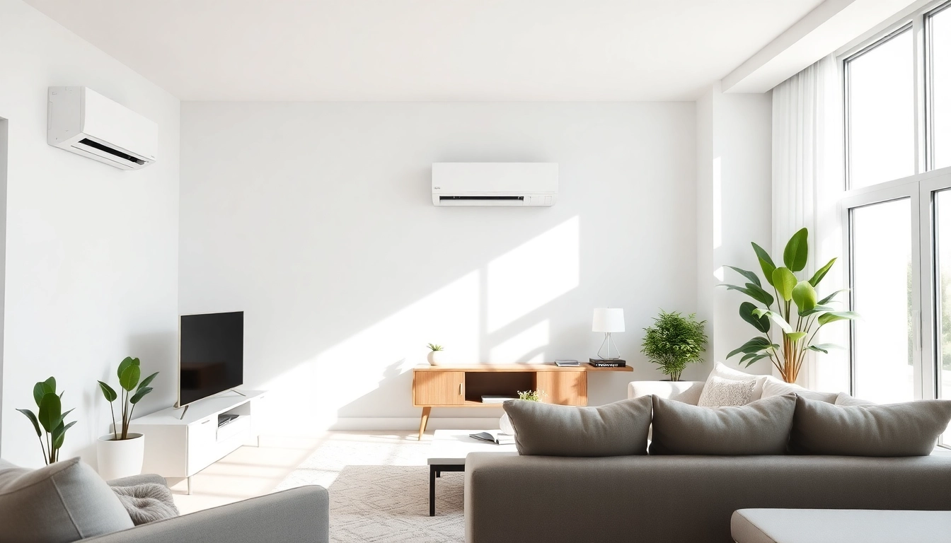 Mitsubishi mini split AC system elegantly displayed in a modern living room setting.