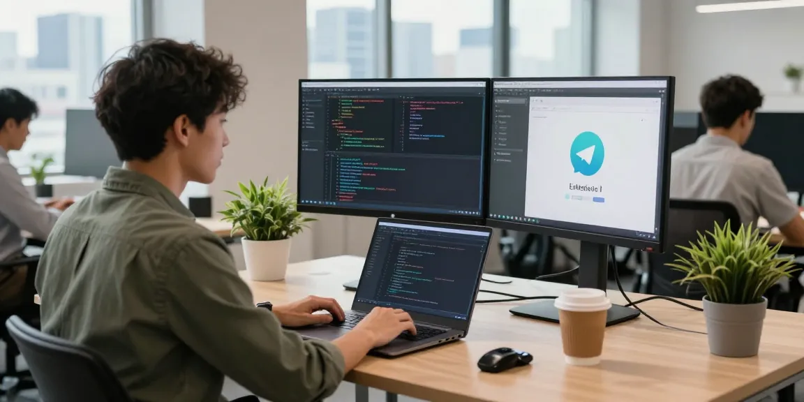 Dynamic tech workspace illustrating telegram官网 features with a developer coding on dual monitors in a modern office setting.