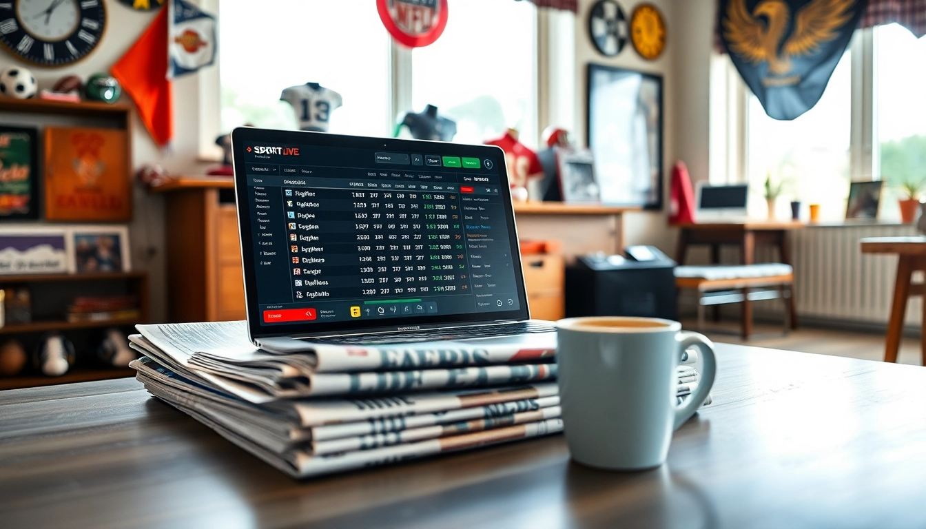 Engaging sports betting Manitoba setup showcasing a laptop with live betting odds and sports memorabilia.