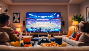 스포츠중계가 방송되는 화면과 함께하는 편안한 거실의 생생한 장면