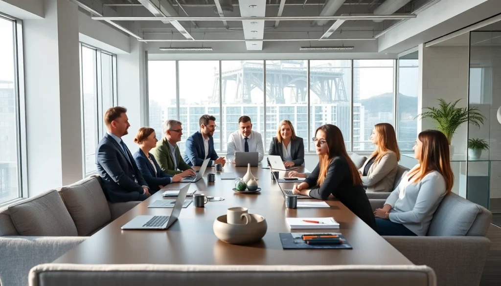 Engaged team of Quickplus Business Consultants at a modern office meeting, fostering collaboration.