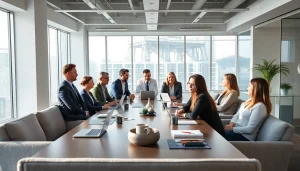 Engaged team of Quickplus Business Consultants at a modern office meeting, fostering collaboration.