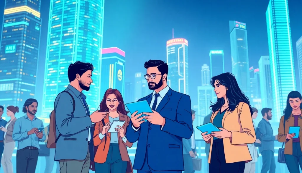 Engaging professionals interacting with technology on https://mohamedmmblog.tech in a futuristic cityscape.