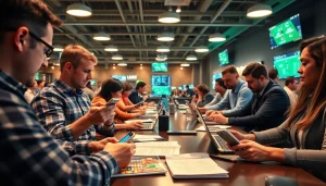 Engaged bettors analyzing best sports betting sites in India with mobile devices and laptops.