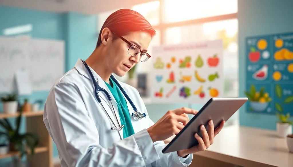 Health analysis in a modern clinic with a healthcare worker actively engaging in wellness solutions.