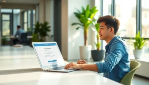 Access the new88 đăng nhập portal with a professional workspace showcasing a laptop and bright ambiance.