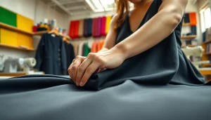 Punta di Roma stof verwerkt in kleding door een naaister in een levendige werkplaats.