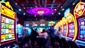 Menang besar dengan agen toto slot di kasino, menunjukkan kegembiraan dan mesin slot berkilau.