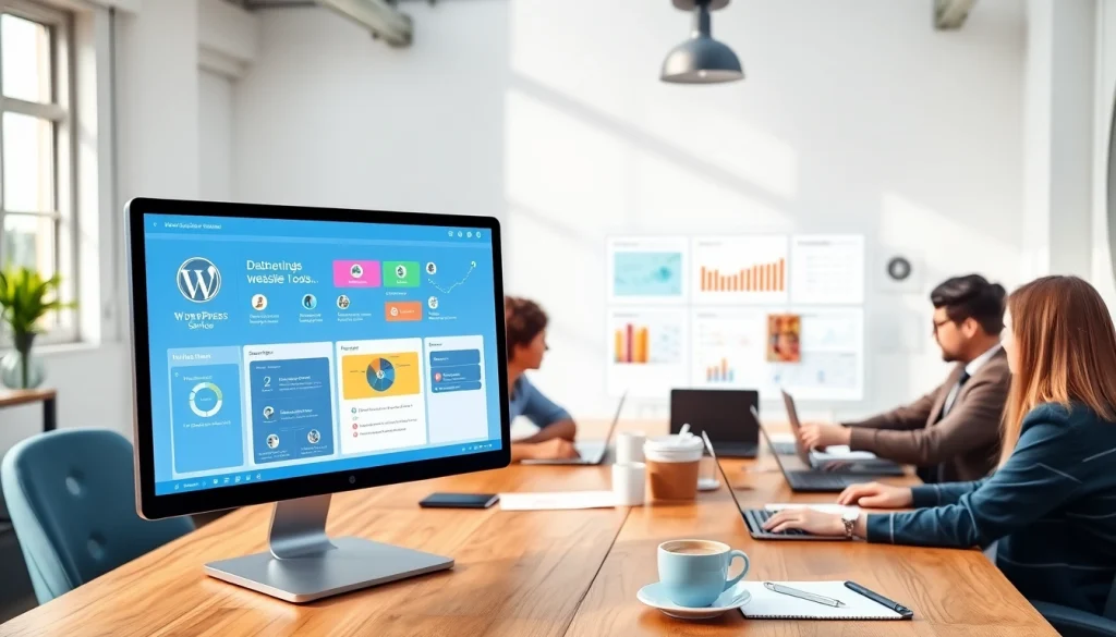 Showcase of dynamic WordPress services with a collaborative design team in vibrant workspace.
