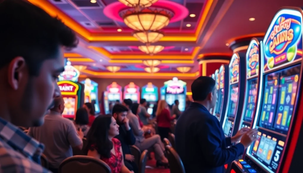 Putaran slot dengan pemain yang bersemangat di kasino, menampilkan suasana penuh energi.