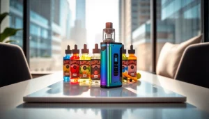 Vape ohne nikotin auf einem stilvollen Tisch mit verschiedenen Geschmacksrichtungen.