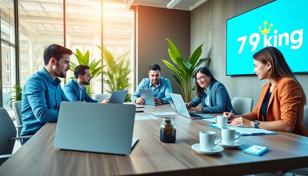 79king business team brainstorming ideas in a modern office with vibrant colors.