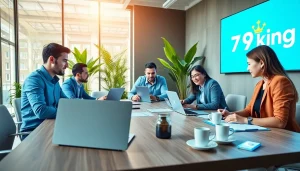 79king business team brainstorming ideas in a modern office with vibrant colors.