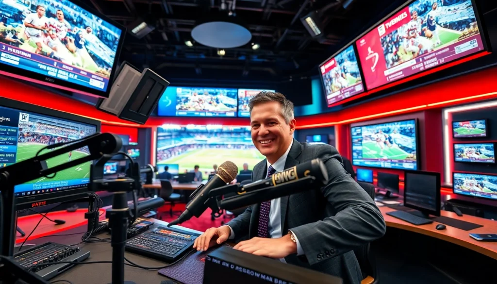 스포츠중계를 위한 전문가 전경과 최신 장비가 어우러진 생동감 넘치는 장면