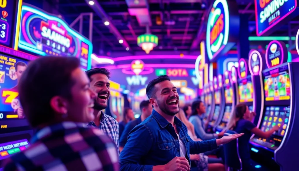 Menyaksikan pengalaman sedang bermain slot terpercaya dengan cahaya neon yang berwarna-warni.