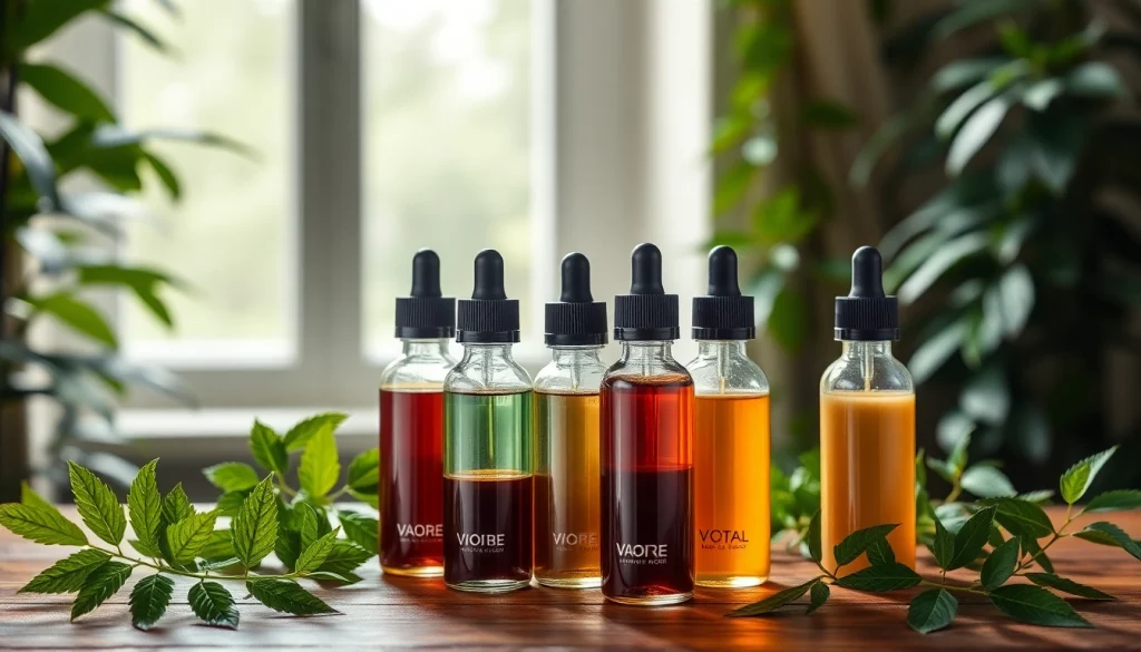 Vape liquid bottles in an inviting setting with natural light highlighting their uniqueness