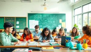 Engaging classroom scene emphasizing Education with diverse students actively collaborating.