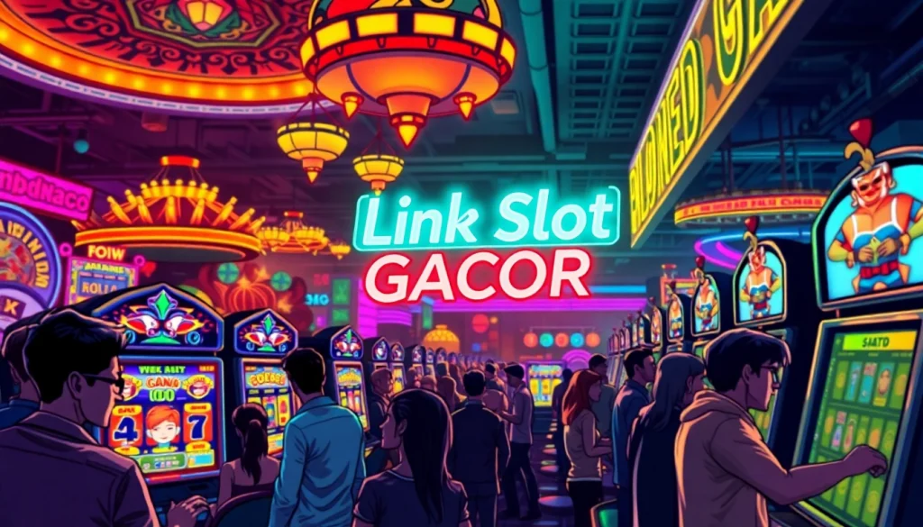 Menampilkan link slot gacor pada papan nama neon di kasino yang ramai.
