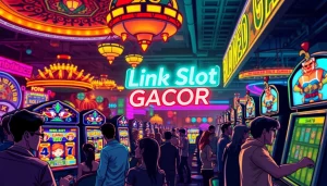 Menampilkan link slot gacor pada papan nama neon di kasino yang ramai.