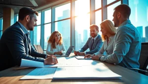 Real Estate agents collaborating in a modern office, showcasing innovation and teamwork.