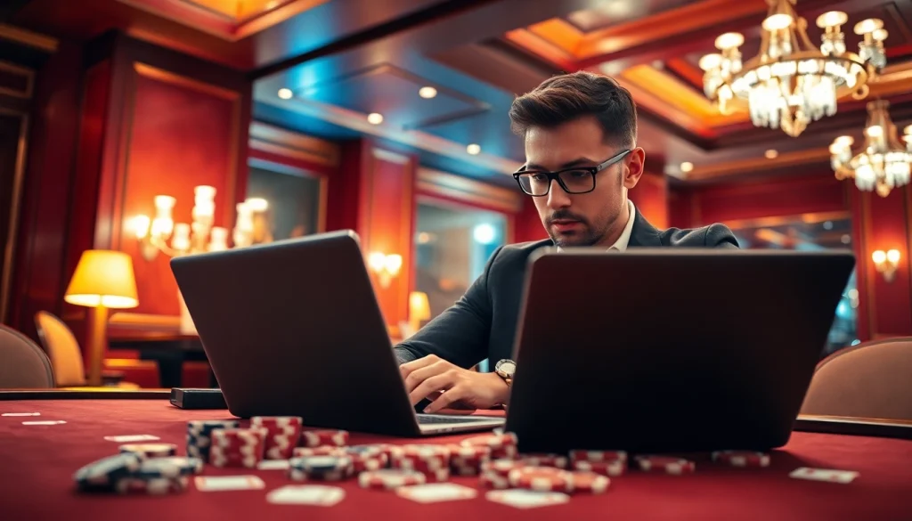 Analisis komengtoto gacor oleh pemain judi di kasino modern dengan suasana mewah.