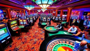 Casino gaming scene featuring KJC brand elements, showcasing vibrant tables and exciting players.