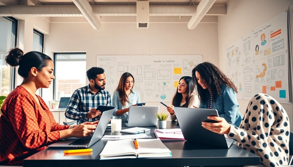 Creating branded content with a diverse team in a collaborative office environment.