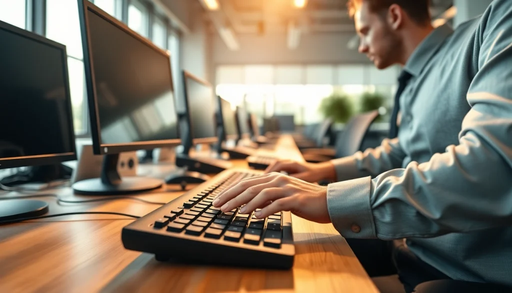Typist at a modern typing center demonstrating efficient keyboarding skills with high-tech devices.