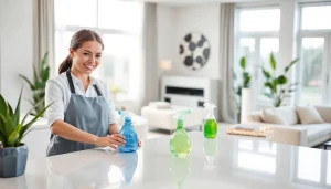 View of a professional cleaning service team efficiently cleaning a bright home environment.
