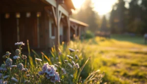 Observando colmenas warré en un paisaje natural, con flores silvestres y luz cálida.
