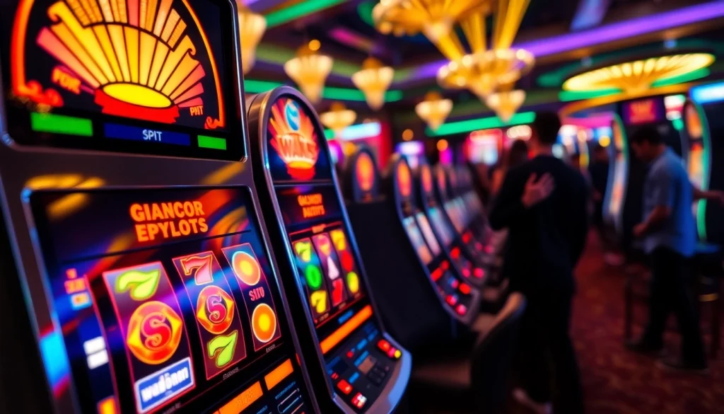 Permainan slot gacor yang menarik perhatian dengan simbol dan lampu yang mencolok di kasino.