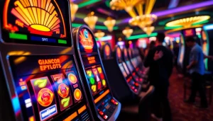 Permainan slot gacor yang menarik perhatian dengan simbol dan lampu yang mencolok di kasino.