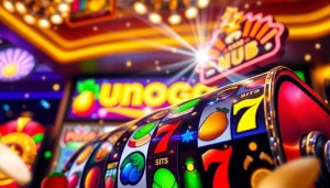 Permainan slot Unogg yang menarik dengan simbol berwarna cerah dan latar belakang kasino yang mewah.