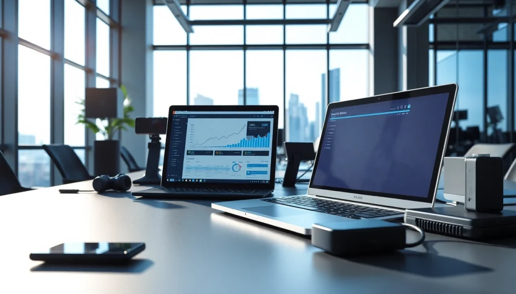 Technology workspace featuring advanced gadgets in a modern office environment with dynamic lighting.