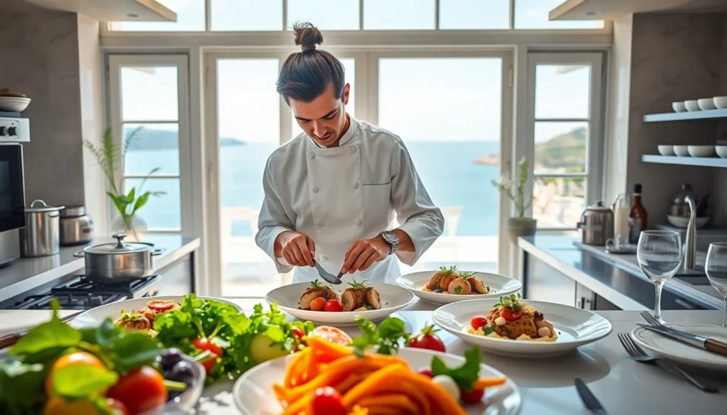 Private chef St Martin expertly plates a gourmet meal in a luxurious kitchen setting.