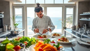 Private chef St Martin expertly plates a gourmet meal in a luxurious kitchen setting.