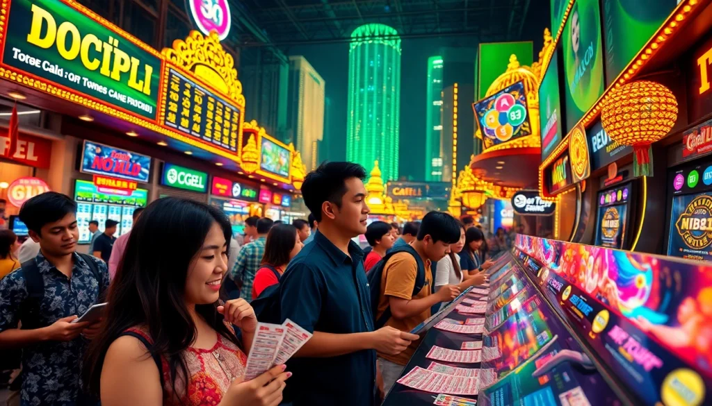 Main scene of togel online gameplay featuring excited players engaging with winning tickets and digital devices.